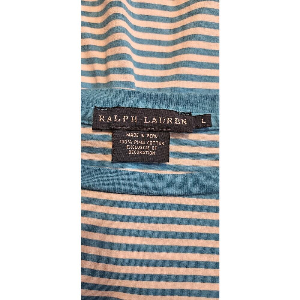 Ralph Lauren Womens LG Blue White Striped Top 100% Pima Cotton Yellow Pony Logo - Picture 5 of 6
